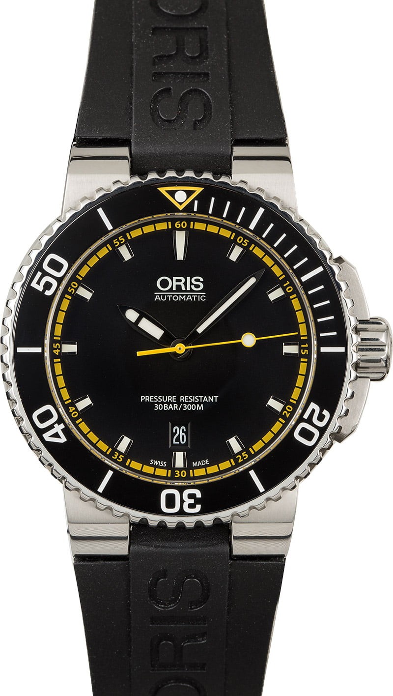 Knockoff Oris Aquis Date Black Dial Yellow Accents WE02608
